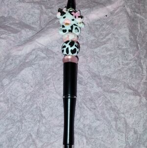 Homemade Cute Cow Black and Pink Beaded Pen